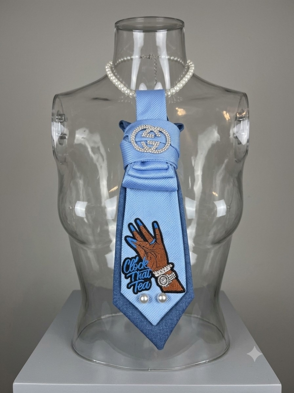 Light Blue Embroidered Silk Tie Necklace with Pearl Accents